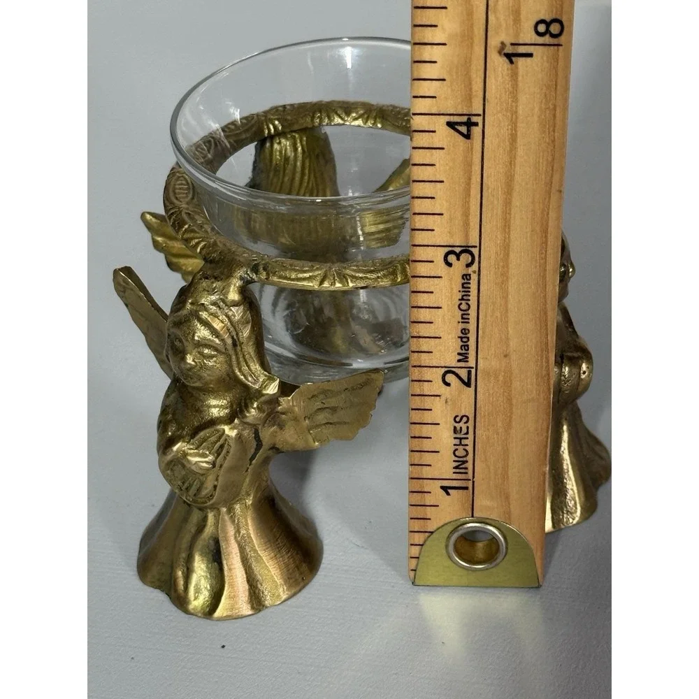 VTG Brass 3 Angels With Harps Votive Candle Holder Glass‎ Insert READ - Picture 10 of 11